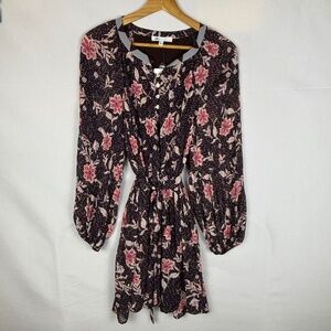 DR2 Women Tie Waist Mini Dress Sz L Balloon Sleeve Cottage Boho Gypsy Festival